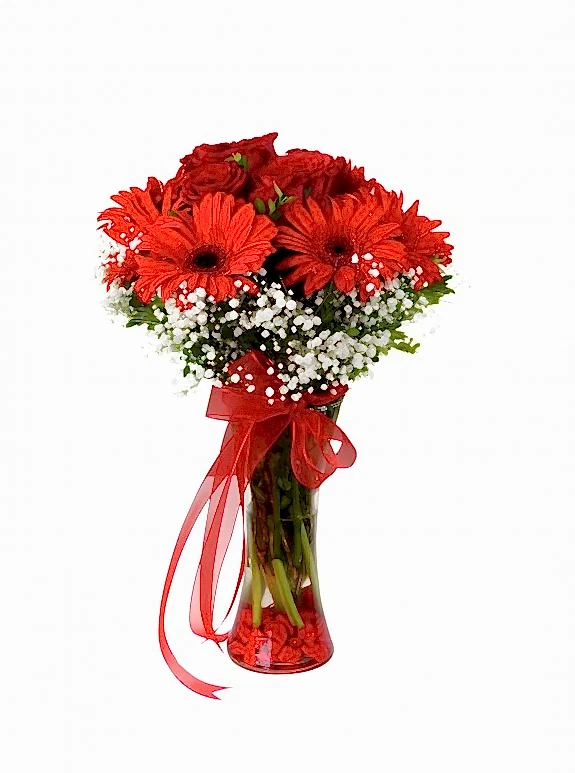 Vazoda Kırmızı Gerbera ve Güller